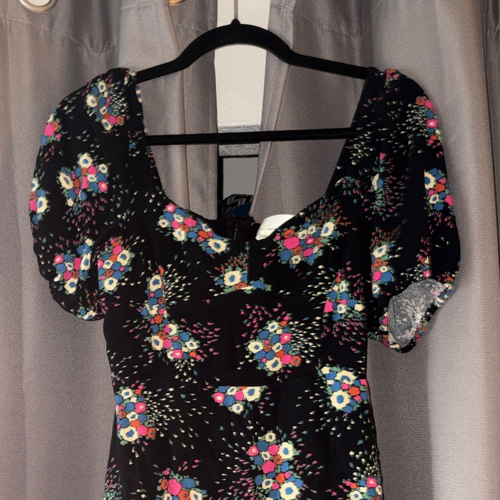 Anthropologie Black Floral Puff Sleeve Mini Dress